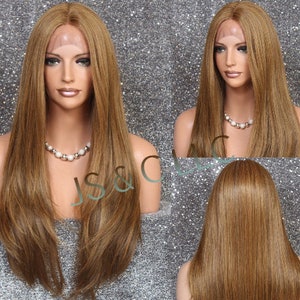 Human hair blend Full Soft Lace Front wig Heat OK Dk Blonde Strawberry Golden blonde mix Silky Straight layeres center part Cancer/Alopecia