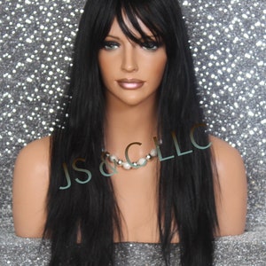 100% Human Hair Wig Black Full Bangs Layered Long Cancer/Alopecia/Cosplay/Theater