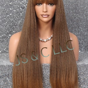 Human Hair Blend Body Crimped Textured Long Blunt Bangs and length Brown Auburn mixed Heat Safe Wig Cancer/Alopecia/Cosplay