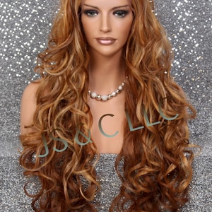 Human Hair Blend Wig Heat Safe Lace Front Wig Free Part Curly Long Auburn Orange Ginger Blonde mixed Cancer/Alopecia/Cosplay