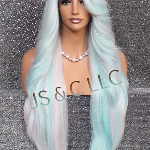 Human Hair Blend Full Lace front wig Feathered sides swept bangs Hand Tied Mono side part Blue white Pink mix color Cancer/Alopecia/Cosplay