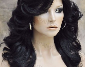 Black Farrah Fawcett Style wig Lots of Body and big open curls with feathered sides perma lift/tease crown Cancer Aloepcia Theather Cosplay