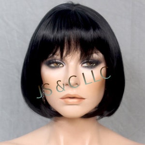 Black Short Straight Bob Center Part with Full Bangs Classy and Sophisticated Wig Cancer Alopecia Theater Cosplay