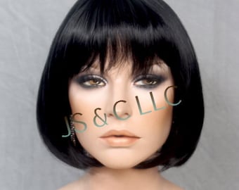 Black Bob Wig: Short Straight Synthetic Wig with Bangs