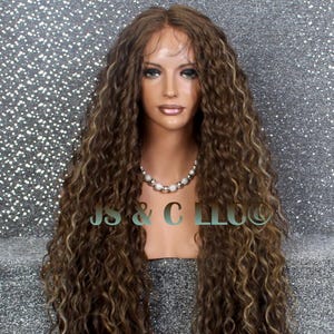 Ex Long Caramel Brown mixed  Full Human Blend Lace Front Wig Water Waves Center Part baby Hair Heat Safe Cancer/Alopecia/Theater