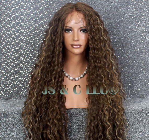 Ex Long Caramel Brown Mixed Full Human Blend Lace Front Wig  display picture 1