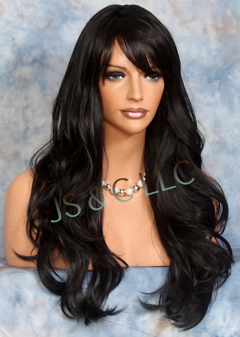 Stunning Human Hair Blend Wig Black Long Layered Wavy Full  display picture 1