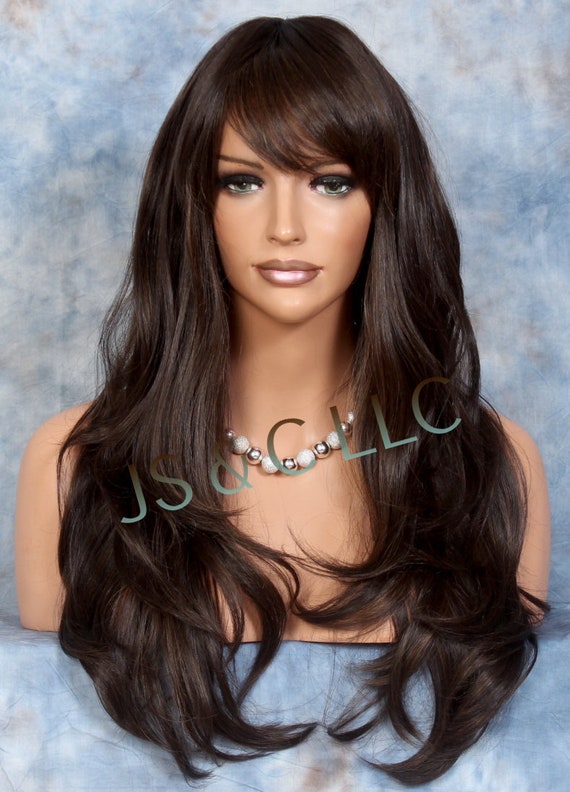 Human hair blend brown with highlight layered wig. Layered Wig Highlight Wig Brown Straight Lace Front Wig With  main image 2