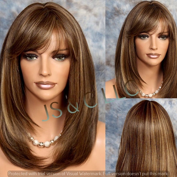 Human hair Blend Wig Face Frame Razor Cut Caramel Brown Blonde mix Heat OK Full Bangs Center Part Straight Long Hair Cancer/Alopecia/Cosplay