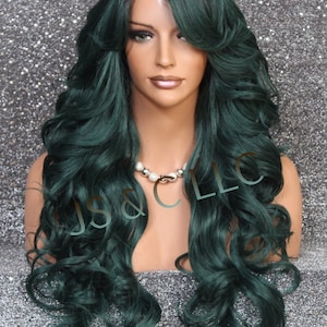 Stunning Human Hair Blend Heat OK Emerald Green Goddess Full Wig Big loose beachy waves full bangs Cancer/Alopecia/Cosplay
