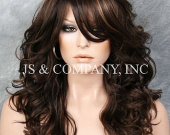 Brown Light Auburn Mix Wavy Wig Off Center parting Full Bangs Open Curls Cancer Alopecia Theater Cosplay