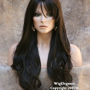 Stunning Human Hair Blend Wig Darkest Brown Long Layered Wavy Full Wig Heat Resistant Wavy N bangs Cancer/Alopecia/Cosplay