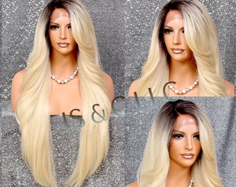 Luscious Human Hair Blend Full Lace front wig with Feathered sides Long swept bangs N natural side parting in Bleached Blonde with dark top