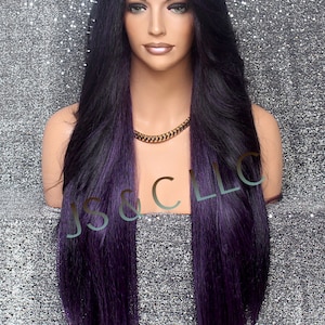 Exotic Purple mix Human Hair Blend Full Lace front wig w. Feathered sides Long swept bangs and natural side parting Cancer Alopecia Theater