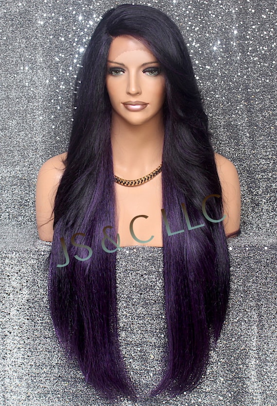 Human hair blend purple ombré wig with bang Cosplay wig women main image 4