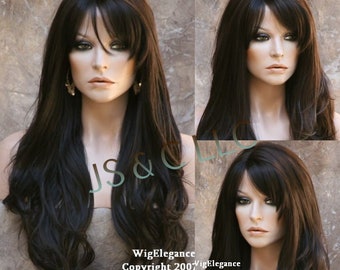 Stunning Human Hair Blend Wig Darkest Brown Long Layered Wavy Full Wig Heat Resistant Wavy N bangs Cancer/Alopecia/Cosplay