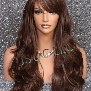 Stunning Human Hair Blend Wig Brown Auburn Caramel mix Long Layered Wavy Full Wig Heat Resistant 28" curls N bangs Cancer/Alopecia/Cosplay