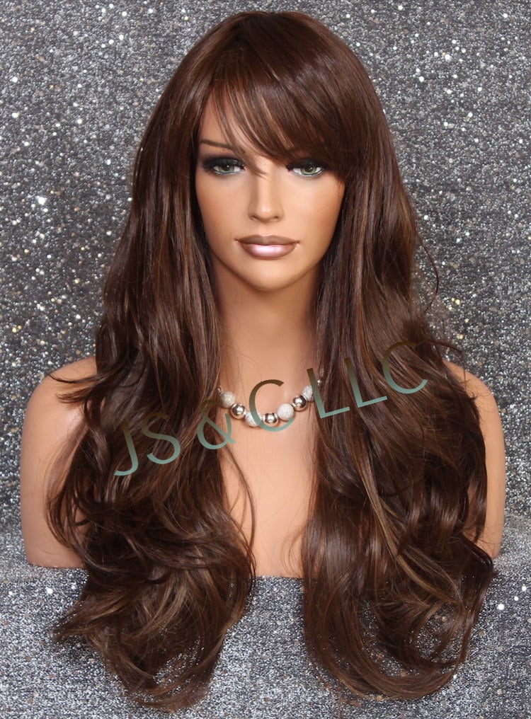 Human hair blend  brunette brown wig with bang. Amazon.com : Dark Brown Curtain Bangs Layered Human Hair  main image 4