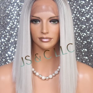 Silky Straight Human Hair and Synthetic hair Blend Lace Front Wig Off black mix rooted with grey base Center part Heat OK