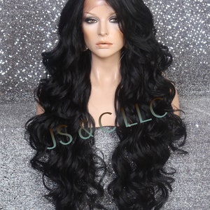 40&quot; Extra long Human hair Blend Wig with Romantic curls and bangs Black natural mono side part lace Front Wig Heat Safe