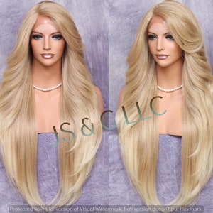 Luscious Human Hair Blend Full Lace front wig with Feathered sides Long swept bangs and natural side parting in Blonde mix in color