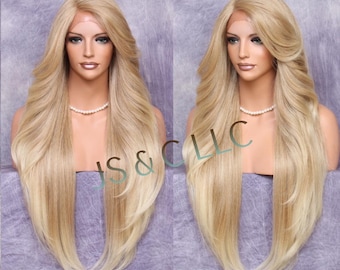 Luscious Human Hair Blend Full Lace front wig with Feathered sides Long swept bangs and natural side parting in Blonde mix in color