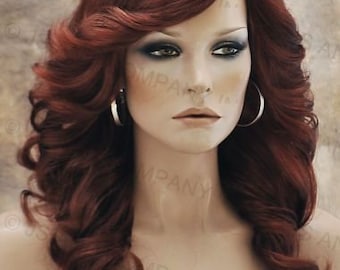 Brownish Copper Red Farrah Fawcett Style wig Lots of Body big open curls feathered sides perma lift/tease crown Cancer Aloepcia Cosplay