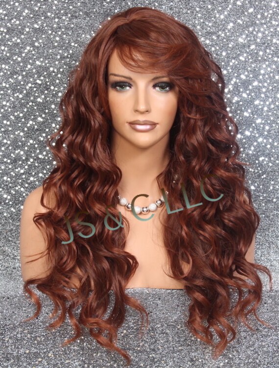 Human hair blend chocolate brown with red wig with bang. Red Hair Wig Bangs - Etsy main image 4