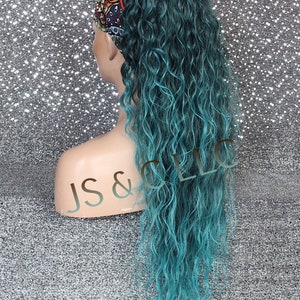 Aqua Blue Green Human Hair Blend PONYTAIL Hair piece Drawstring extra long wavy Simply put it on and Go! Can be wrapped around as a bum
