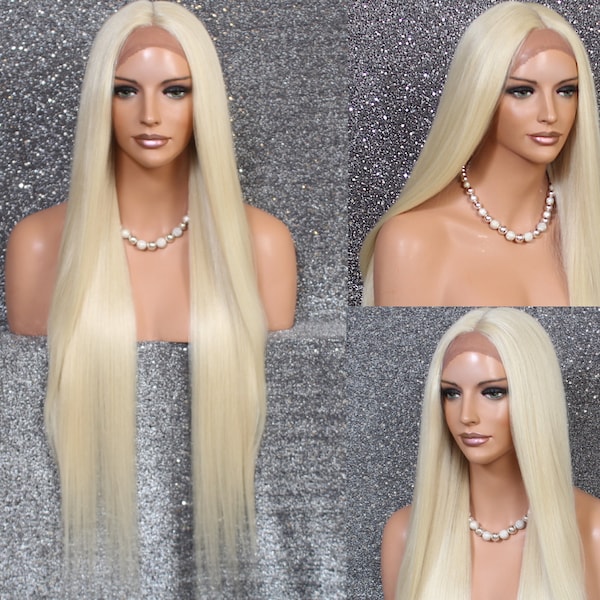 45" Human Hair Blend Lace Front Wig Hand Tied Center Part Straight Heat Safe Solid Pale Blonde Cancer/Alopecia/Cosplay