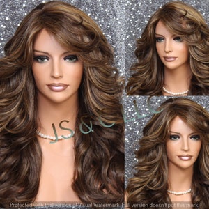 Human Hair Blend Long Full Luscious Heat OK Wavy Wig with Romantic feathered sides Bangs layers of Beautiful Brown Caramel and Blonde mix