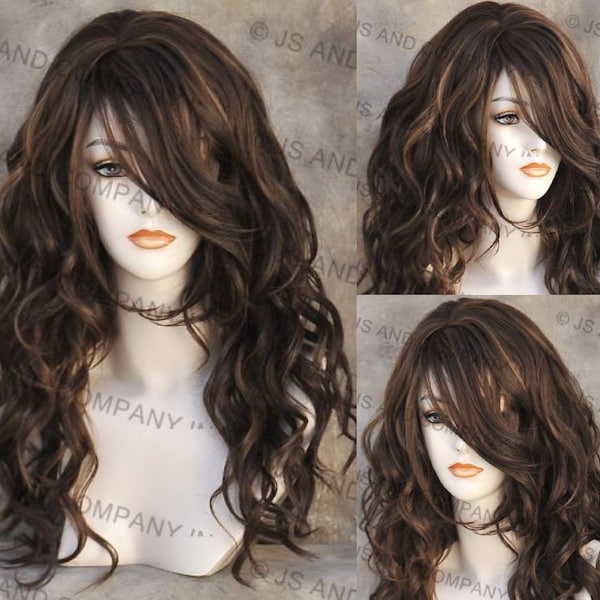 Brown Auburn mix Human Hair Blend Wavy Extra Long Bangs Off Center parting Wavt curly Cancer Alopecia Theater Cosplay