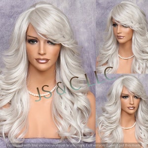 Light Grey Human Hair Blend Long Full Heat OK Wavy Everyday Wig feathered sides Bangs layers Cancer/Alopecia/Cosplay