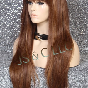 Human Hair Blend Full Wig Long Straight Layered Auburn mix with Bangs Heat OK