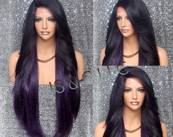 Exotic Purple mix Human Hair Blend Full Lace perruque avant w. Côtés à plumes Long balayé bangs et naturel côté partant Cancer Alopécie Theater