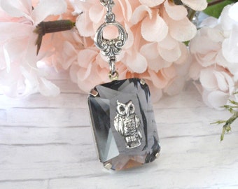 Owl Glass Jewel Black Diamond Octagon Antique Silver Necklace with Chain and Antique Style Bail.