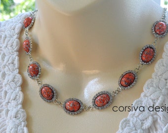 Glass Necklace Earring Set Coral Orange Matrix Cabochon Oval Rhinestone Silver Platinum Crystal Lever back Lever-back Drop Earrings