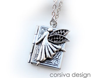 Silver Book Locket Fairy Fantasy Charm Art Necklace