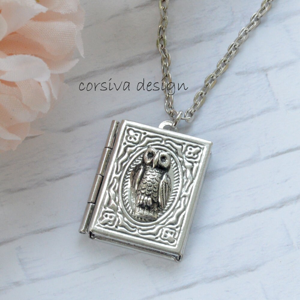 Silver Book Locket Cute Owl Hoot Charm Pendant Art Necklace Etsy