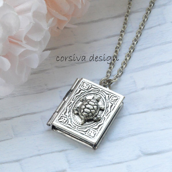 Silver Book Locket Turtle Charm Art Necklace