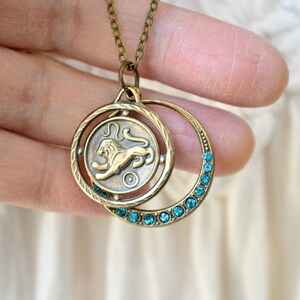 Constellation Zodiac Sign Blue Crystal Pendant Antique Brass Chain Necklace