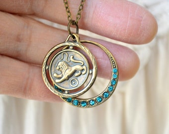 Constellation Zodiac Sign Blue Crystal Pendant Antique Brass Chain Necklace