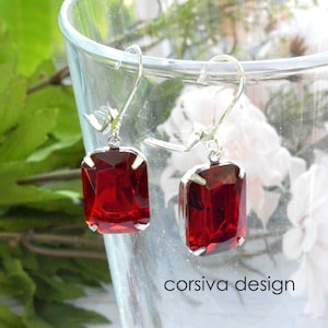 Ruby Lever Back Earring Octagon Glass Jewel Crystal Earrings Drop Dangle Sterling Silver Plated Wedding Event, Bridesmaid Jewelry