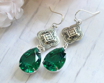 Emerald Green Glass Jewel Filigree Drop Earrings Drop Dangle Victorian Antique Silver Rhinestone Crystal Other Colors Available