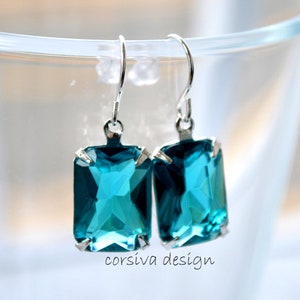 Blue Zircon Octagon Glass Jewel Crystal Earrings Drop Dangle with Hook Sterling Silver Plated Wedding Event, Bridesmaid Jewelry