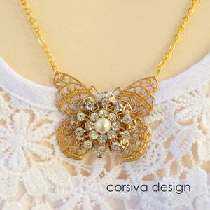 Butterfly Filigree Pendant Necklace Brass Gold Rhinestone Crystal Victorian Style