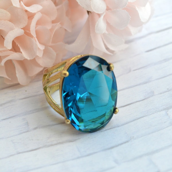 Blue Over Sized Cocktail Statement Finger Ring Oval 25x18mm Glass Jewel Gem Stone Sterling Silver Plated Rose Gold Plated  Polished Brass