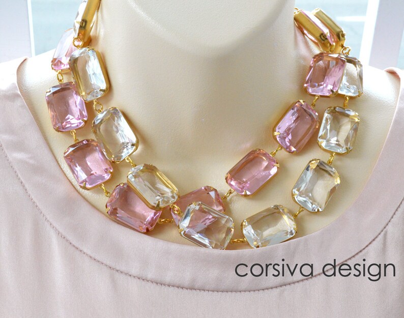 Anna Riviera Necklace Octagon Pink Glass Georgian Style Jewel Statement Necklace Choker image 3