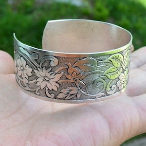 Cuff Bracelet 1 inch Sterling Silver Plated over Brass Hand Finished Floral Pattern