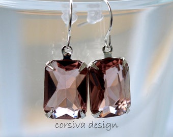 Garnet Rose Octagon Glass Jewel Crystal Earrings Drop Dangle with Hook Sterling Silver Plated Wedding Event, Bridesmaid Jewelry